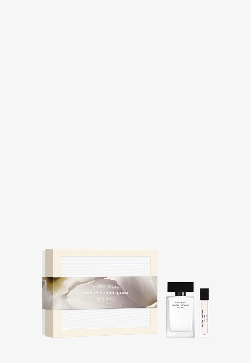 Hvid og beige gaveæske med et blomstermønster, indeholdende en klar parfume flaske med sort låg og en mindre hætteglas.