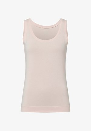 Hellrosa Tanktop mit rundem Ausschnitt und breiten Trägern. Hergestellt aus einem weichen, elastischen Material mit figurbetontem Schnitt, ohne Muster oder Verzierungen.