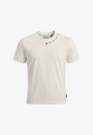 T-shirt beige a maniche corte con scollo rotondo e piccolo logo nero "Richmond" vicino al collo, con etichetta in tessuto sulla cucitura laterale.
