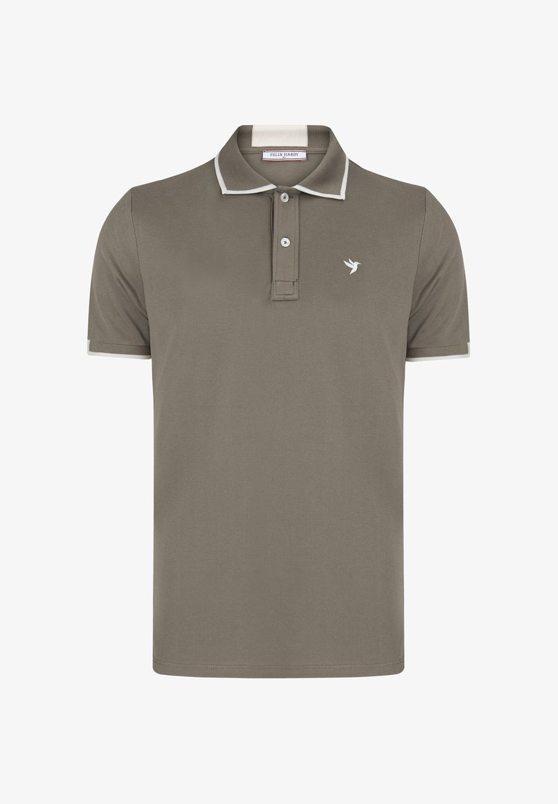 Polo manches courtes vert olive avec bord blanc au col et aux manches, patte de boutonnage à deux boutons et petit logo oiseau blanc sur la poitrine.