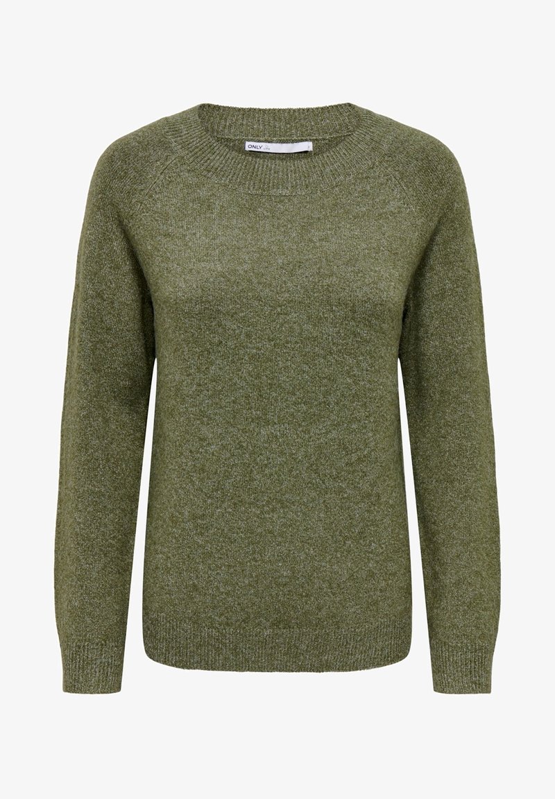 Pull en maille vert olive à manches longues avec un col rond, des poignets et un ourlet côtelés.
