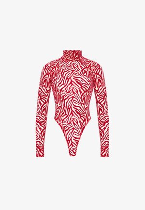 Body s dlouhými rukávy a stojáčkem v zebrovaném vzoru v červené a bílé barvě, s vysokým vykrojením nohou. Vyrobeno z hladkého, elastického materiálu.