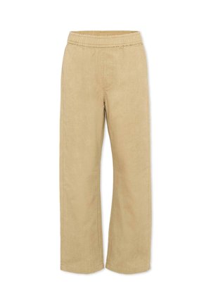Beżowe spodnie o szerokich nogawkach z elastycznym pasem, bez widocznych zapięć ani kieszeni, prezentowane na białym tle.