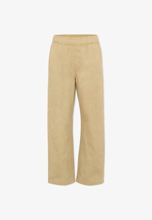 Pantalon beige à jambes larges avec taille élastique, sans fermetures ni poches visibles, présenté sur fond blanc.