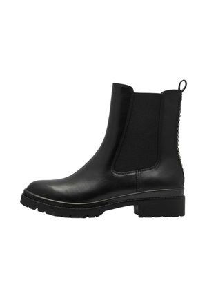 Bottine Chelsea en cuir noir avec panneau latéral élastique, languette, talon bas et semelle en caoutchouc texturée, vue de profil droit.
