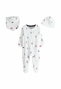 Vitt babyset med body, mössa och hakklapp med London-tema, inklusive vaktmän, röda bussar, taxibilar och brevlådor.