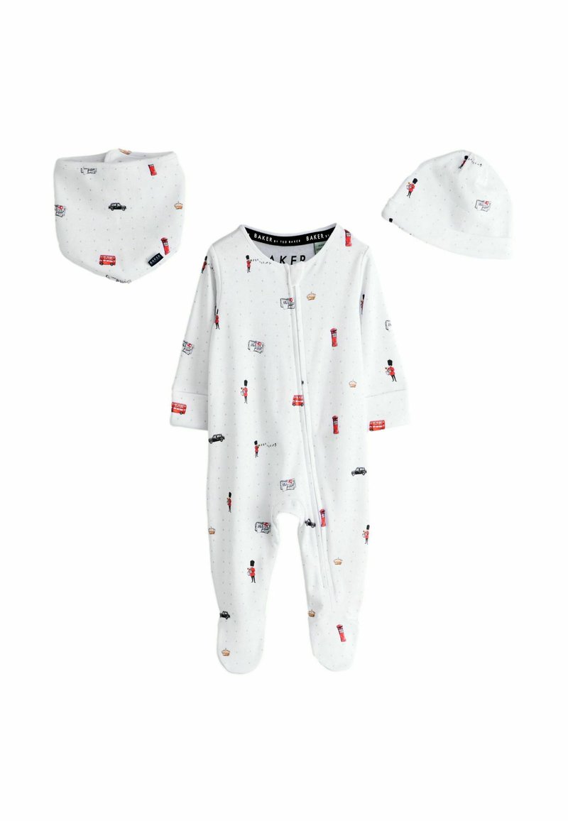Vitt babyset med body, mössa och hakklapp med London-tema, inklusive vaktmän, röda bussar, taxibilar och brevlådor.