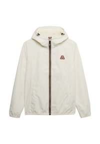 Lekka kremowa kurtka z kapturem, czarnym zamkiem, kontrastowymi paskami oraz logo na piersi. Posiada elastyczne mankiety i dół.