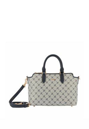 Szara i czarna torebka w wzory z czarnymi uchwytami i odpinanym paskiem na ramię, wyposażona w złote elementy i zapięcie na zamek.