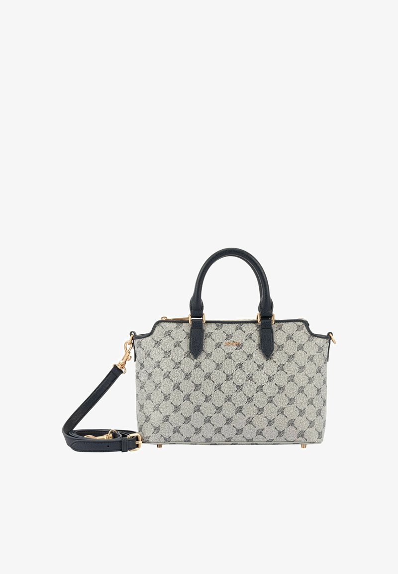 Grå og sort mønstret håndtaske med sorte håndtag og aftagelig skulderrem, med guldfarvet hardware og lynlås.