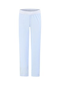 Hellblaue Hose mit elastischem Bund und seitlichen Taschen. Aus weichem Stoff, mit geradem Bein und glatter Textur.