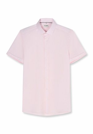 Light pink short-sleeve button-up shirt with a classic collar and subtle textured fabric, displayed flat on a white background.
