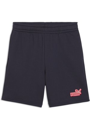 Granatowe sportowe szorty Puma z elastycznym pasem i czerwonym logo Puma na dolnej prawej nogawce.