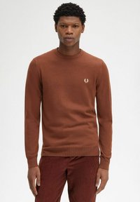 Maglione marrone a maniche lunghe con scollatura a girocollo e un piccolo logo ricamato sul petto sinistro. Il tessuto appare liscio e a maglia fine.