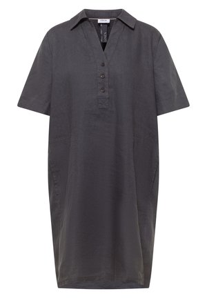 Mørkegrå knælange hørkjole med korte ærmer, krave og tre-knaps placket, med sidelommer og afslappet pasform.