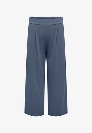 Hlače širokih nogavica plave boje s ravnim pojasom, naborima sprijeda i glatkom teksturom. Bez džepova ili dodatne metalne opreme.