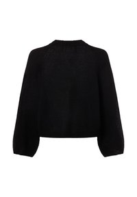 Schwarzer, kurz geschnittener Pullover mit langen, voluminösen Ärmeln und einem gerippten Rundhalsausschnitt, von hinten auf einem weißen Hintergrund gezeigt.