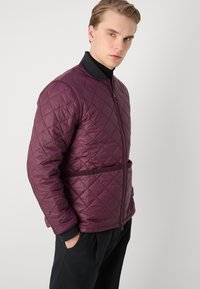 Quilted maroon jacket with a zip closure, high collar, and dark accents. Features insulated material and side pockets.