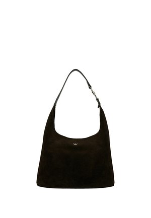 Sac à bandoulière en suède noir avec une seule bandoulière et un petit logo métallique au centre devant.