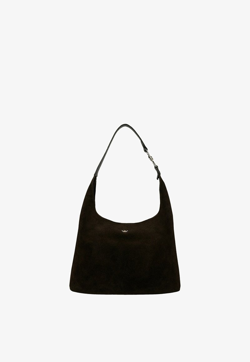 Sac à bandoulière en suède noir avec une seule bandoulière et un petit logo métallique au centre devant.
