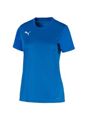 T-shirt de sport bleu à manches courtes, col rond avec logo Puma blanc sur le côté droit de la poitrine.
