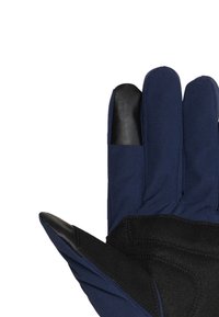 Guanti blu con un esterno in tessuto testurizzato, dettagli in pelle nera sulle punte delle dita e sul palmo, dotati di cuciture rinforzate per una maggiore durata.