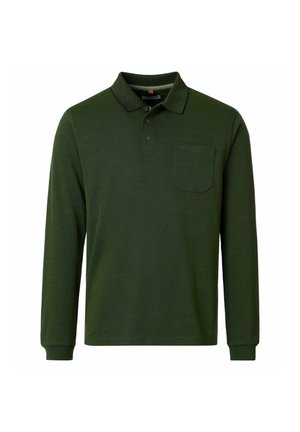 Mørkegrøn langærmet polo shirt med krave, tre knapper og en brystlomme på venstre side.