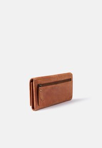 Brown leather wallet with a smooth texture, featuring a zippered exterior pocket and a simple, rectangular design.