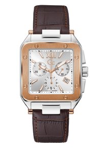Rectangular watch with a silver dial, rose gold accents, and brown crocodile leather strap. Chronograph and date display feature present.
