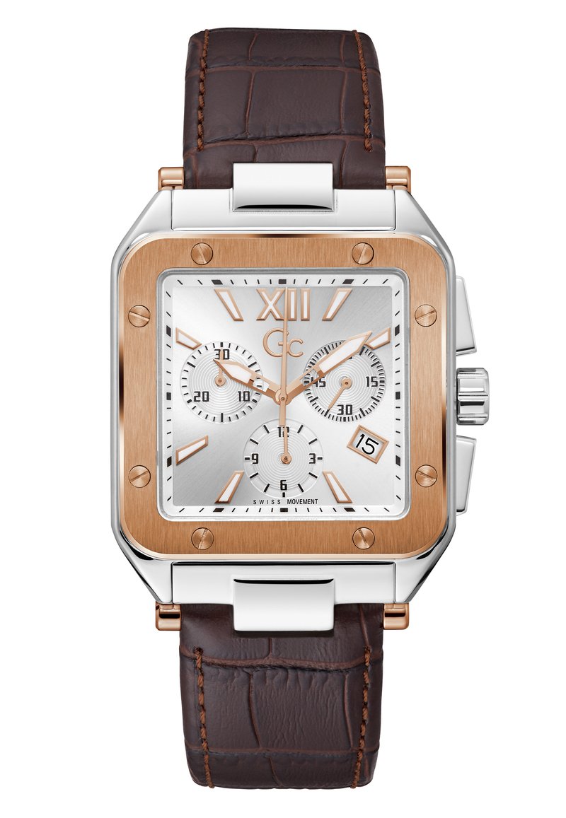 Rectangular watch with a silver dial, rose gold accents, and brown crocodile leather strap. Chronograph and date display feature present.