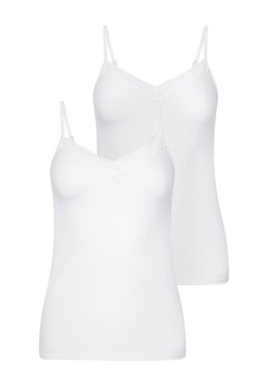 Dos camisetas de tirantes blancas, fabricadas en un material suave, con tirantes ajustables y un delicado encaje en el escote. Diseño clásico.