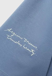 Niebieska tkanina o gładkiej fakturze, z białym napisem, który brzmi: "Aegus Dreams, Timeless Beauty."