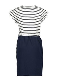 Abito a t-shirt a righe con maniche corte, scollatura rotonda e gonna aderente blu navy. Realizzato in morbido tessuto di cotone.