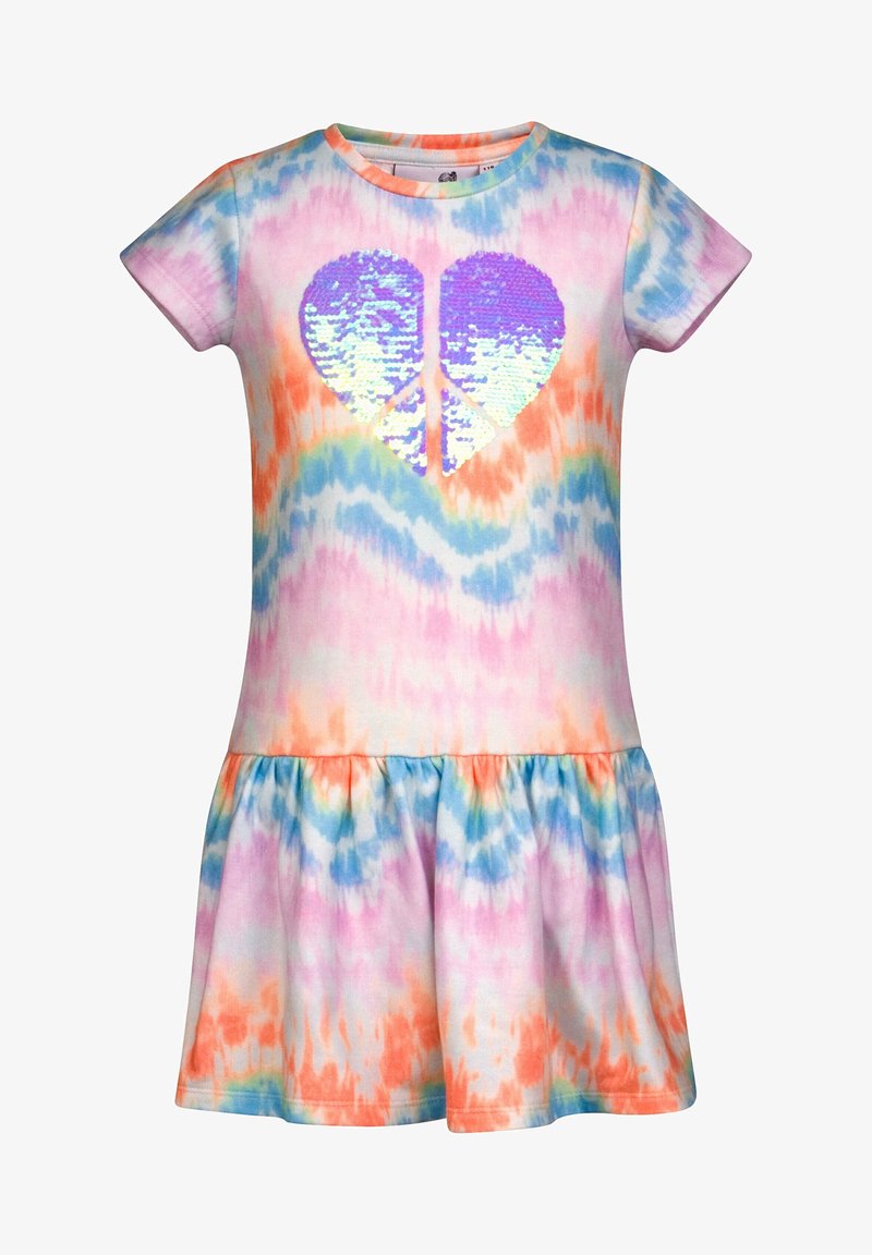 Abito a maniche corte per bambini realizzato in tessuto morbido, con un motivo tie-dye pastello e un design a cuore di paillettes in viola e blu sulla parte frontale.