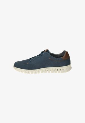 Blue casual lace-up shoe with a white flexible sole and brown padded heel accent, designed for comfort and everyday wear.