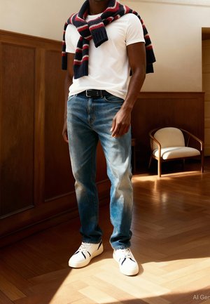 Man draagt een wit T-shirt, blauwe spijkerbroek, witte sneakers en een marineblauwe, rode en witte gestreepte trui over zijn schouders binnen.