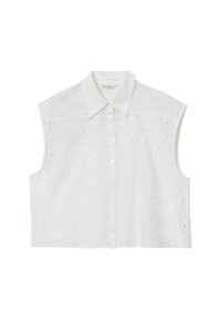 Weiße ärmellose Bluse mit Knopfleiste auf der Vorderseite, die ein geprägtes floralem Muster und einen klassischen Kragen aufweist. Hergestellt aus leichtem Stoff.