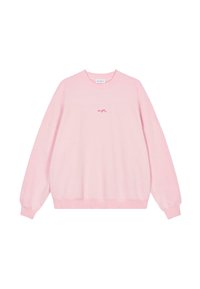 Ružový sweatshirt z jemného bavlneného materiálu s voľným strihom. Má okrúhly výstrih, dlhé rukávy a malé vyšívanie "OH APRIL" na hrudi.
