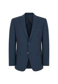 Granatowy blazer wykonany z teksturowanej tkaniny, z klapami, dwoma guzikami i dwoma przednimi kieszeniami, a także jedną kieszenią na piersi.
