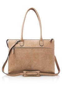Tan leren tote bag met een gladde textuur, dubbele handgrepen bovenaan en een verstelbare schouderriem. Heeft een voorvak met rits en stikseldetails.