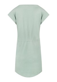 Lichtgroene short-sleeve jurk van zachte katoen. Heeft een ronde halslijn en een geraffineerde taille met een gebogen zoom.