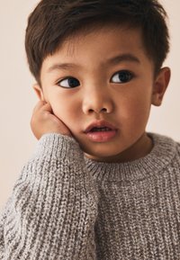 Grå strikket sweater med et struktureret mønster, rund halsudskæring og optrukne ærmekanter. Barnets ansigt udtrykker nysgerrighed, med mørkt hår og brune øjne.