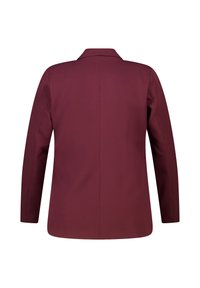 Blazer bordeaux avec un col cranté, des manches longues et un dos droit. Fabriqué en tissu lisse avec un minimum de détails et une coupe ajustée.