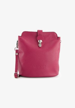 Pink leather handbag with a pebbled texture, rounded shape, detachable strap, and silver hardware accent at the top closure. Features logo.