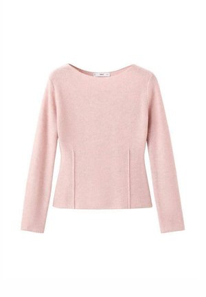 Pulover tricotat roz deschis cu mâneci lungi, decolteu rotund și cusături la talie. Textură moale, design ajustat și fără ornamente vizibile.