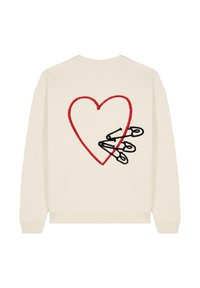 Sudadera cremada con un gran gráfico de corazón rojo con tres imperdibles negros entrelazados, puños y dobladillo acanalados.
