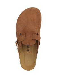 Zapato de ante marrón estilo slip-on con dos correas ajustables, suave forro interior y plantilla contorneada para mayor comodidad. Tamaño visible en el interior.