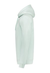 Mintunvihreä huppari pehmeästä materiaalista, jossa on etutasku, kiristysnyörillinen huppu sekä resorit hihansuissa ja helmassa.