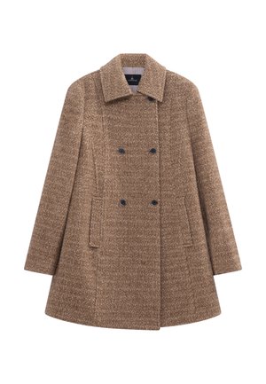 Dubbelbreasted bruine wollen jas met een textuurpatroon, brede inkeping-kraag en zijzakken. Voorkant gesloten met donkere knopen.