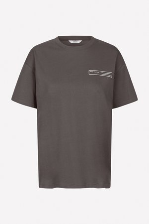Dark gray cotton t-shirt, short sleeves, crew neck, featuring a white text logo and graphic detail on the left chest. Simple, casual design.